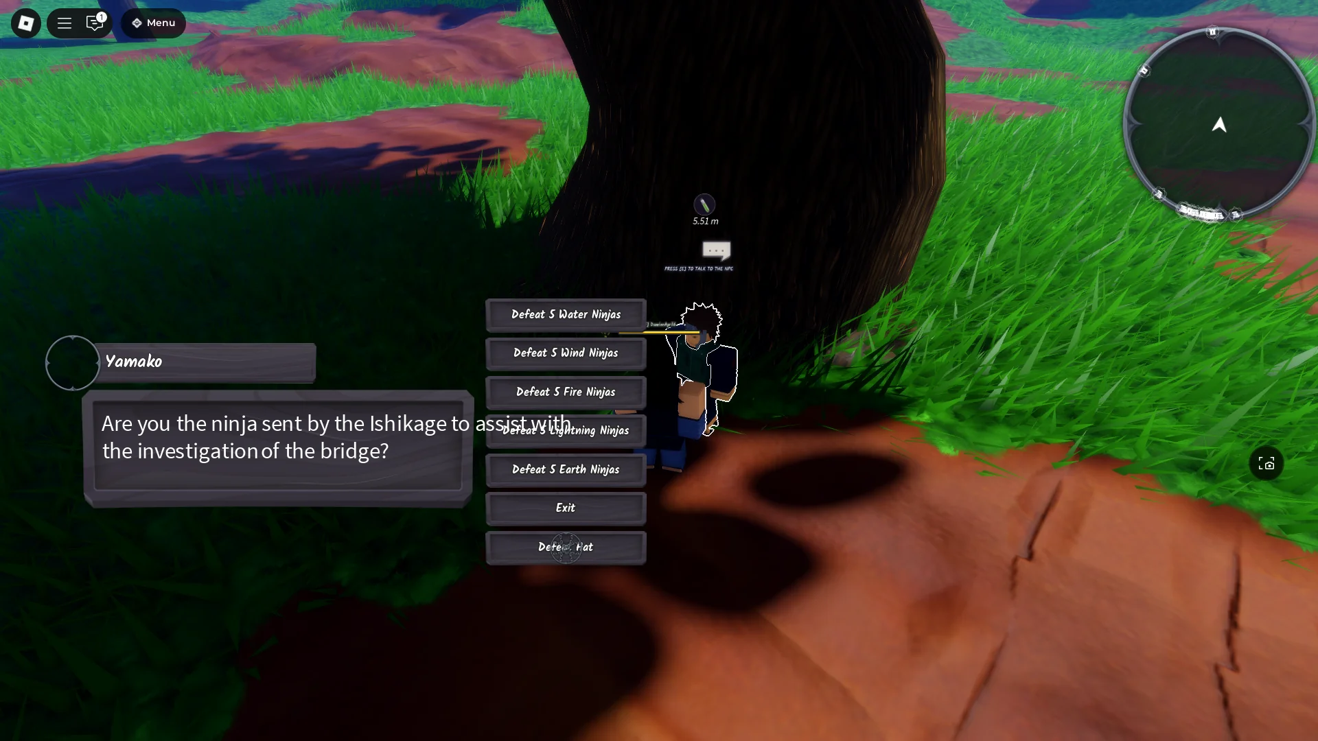 A player interacting with the Yamako Quest NPC that is related to the Investigating the Bridge Quest in Ninja Time Roblox experience