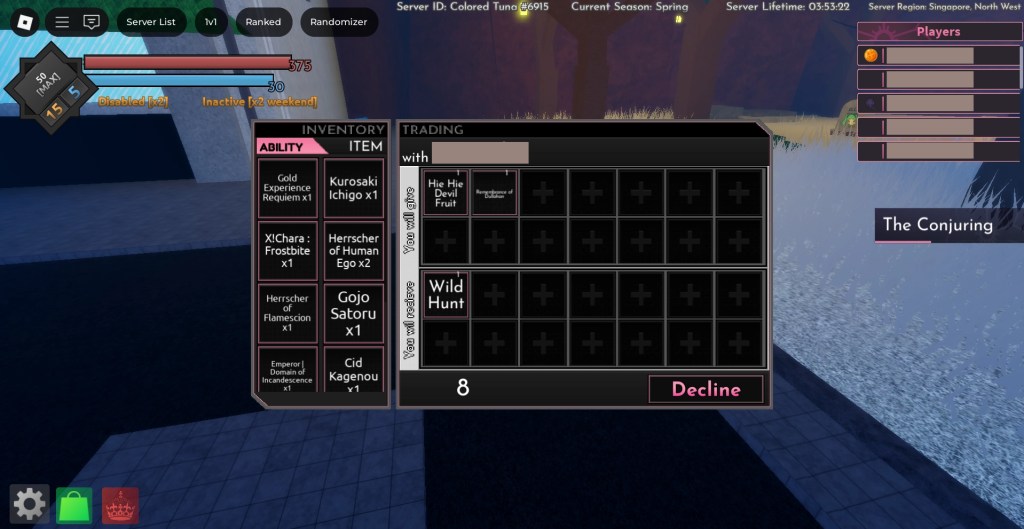 Preview of the trading menu in Sakura Stand Roblox experience