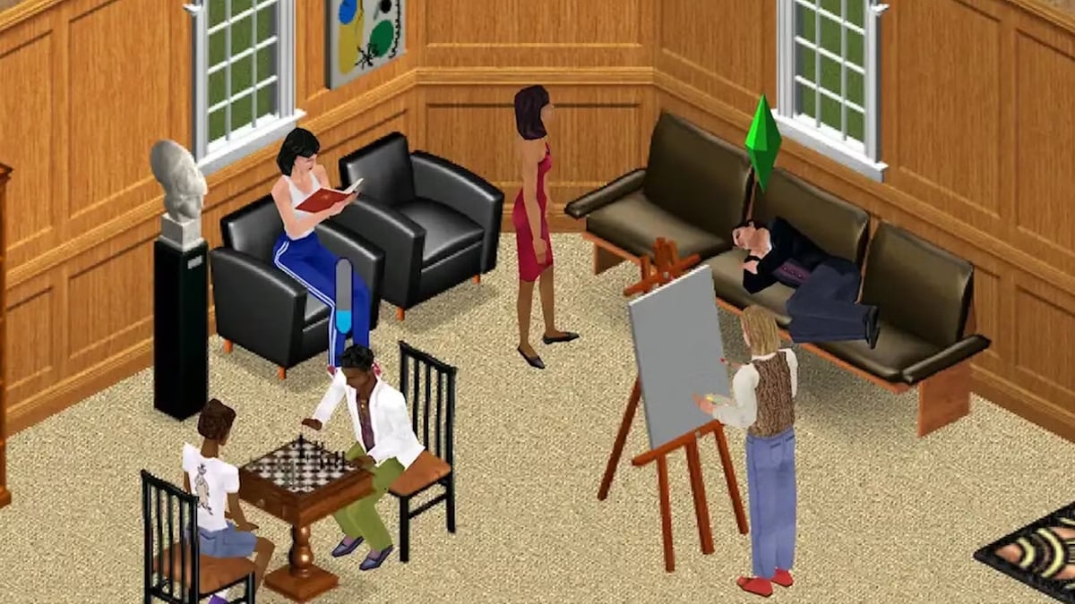 Sims gathering in a living room