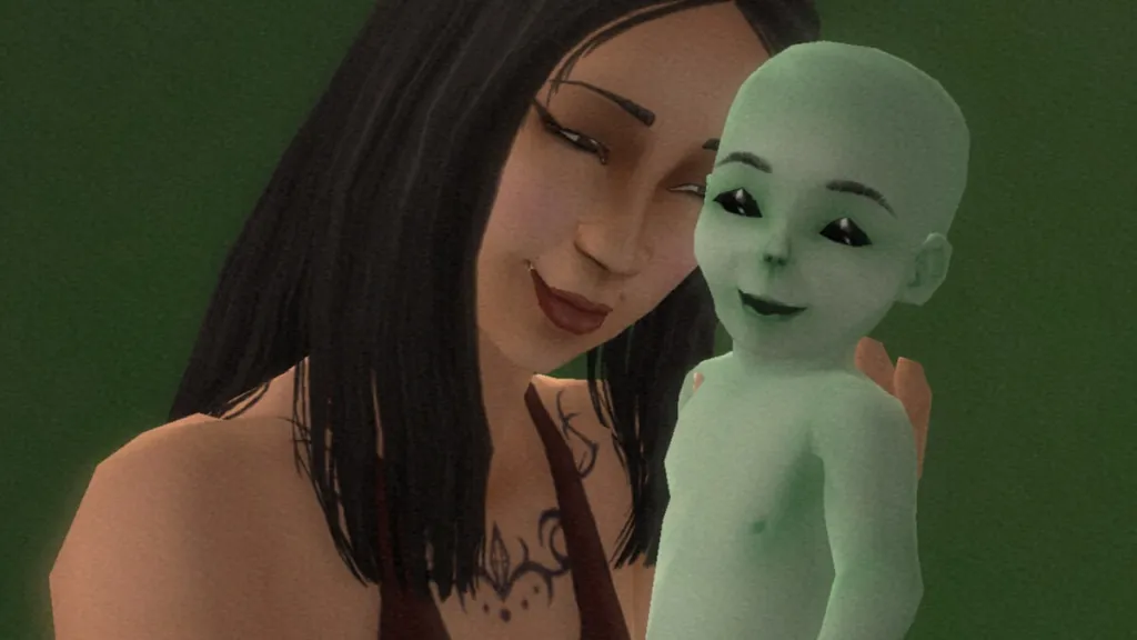 Sims 2 screenshot of an alien child being born.