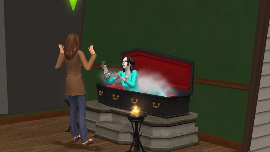 Sims 2 screenshot of the 'coffin scare' interaction.