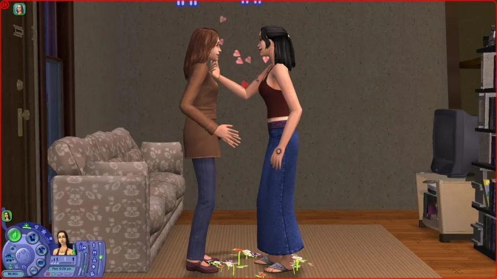 Sims 2 screenshot of two Sims falling in love.