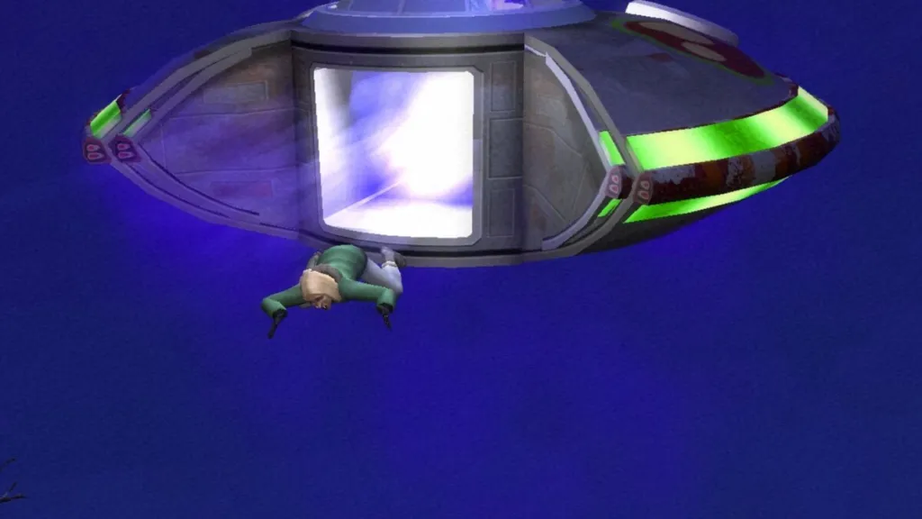 Screenshot from a Sims 2 cutscene of an alien abduction.