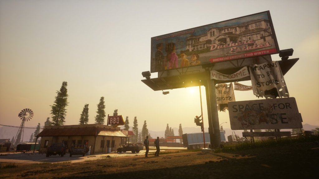 A screenshot of State of Decay2  showing a billboard in the background and two characters walking.