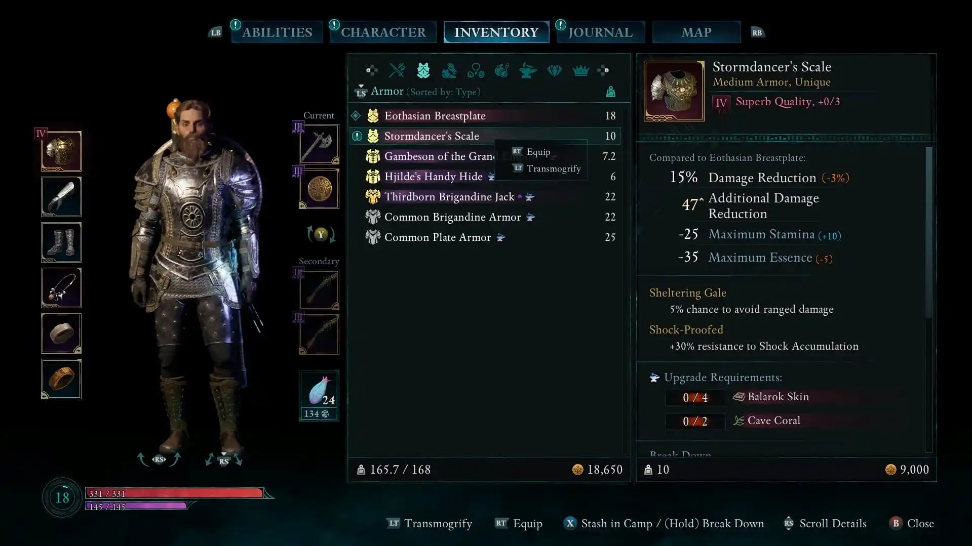 Stormdancer's Scale armor stats in the inventory screen of Avowed