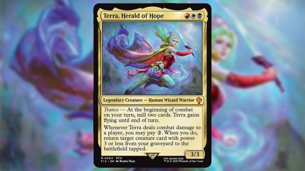 The Magic: the Gathering card Terra, Herald of Hope on a blurry background