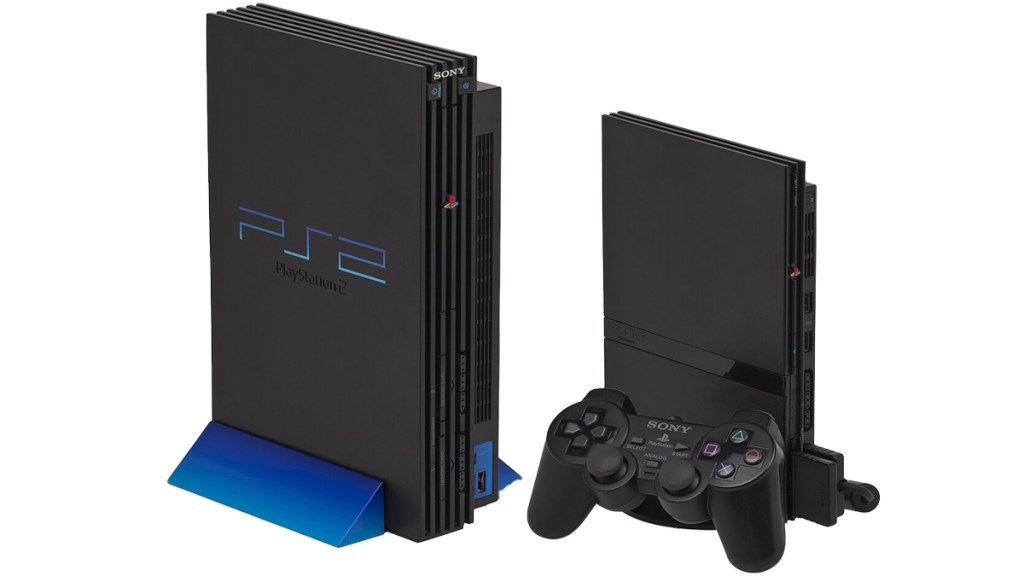 A Playstation 2 phat and slim on white background