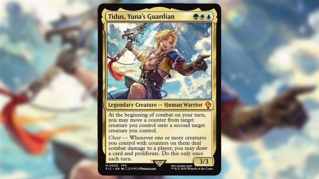 The Magic: the Gathering card Tidus, Yuna's Guardian on a blurry background.