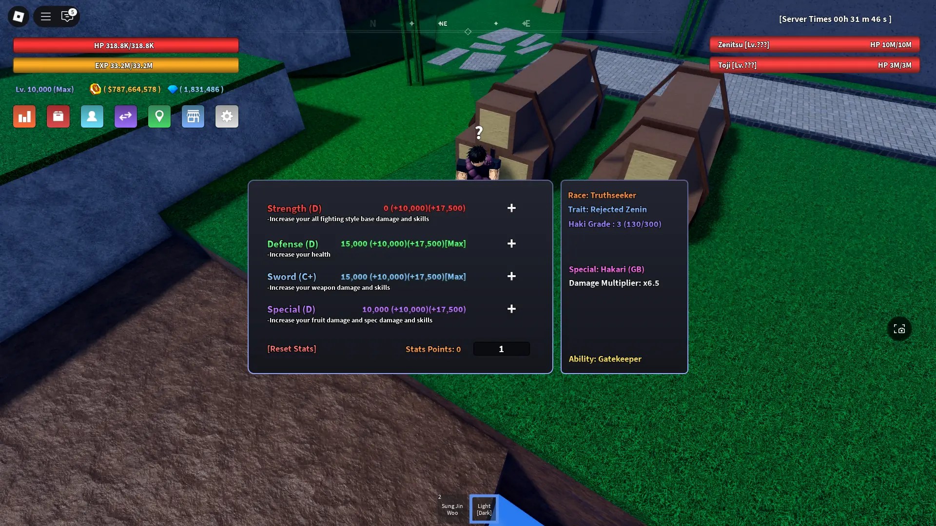 Preview of the Truthseeker race and the Rejected Zenin trait in the stats menu of Verse Piece Roblox experience