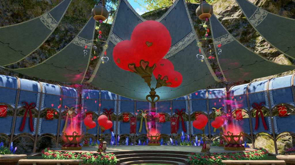 Mih Khetto's Amphitheatre decorated for Valentione's Day in Final Fantasy XIV