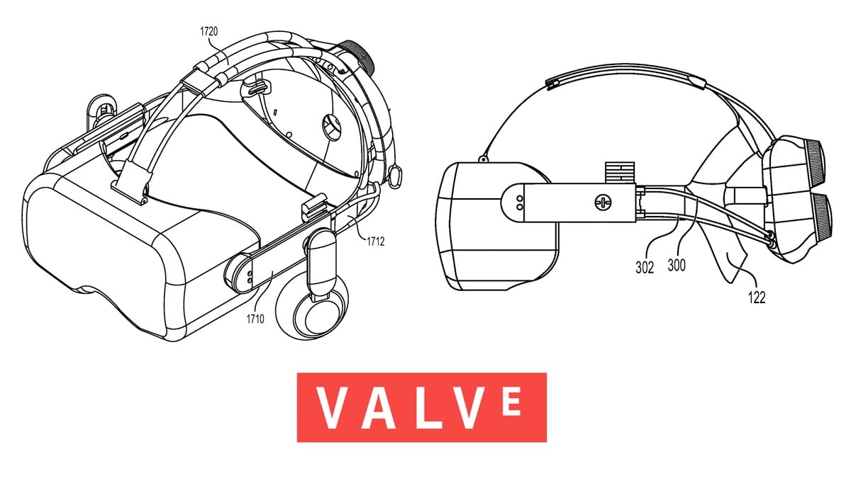 The Valve logo with a schematic drawing of the rumored Deckard virtual reality headset.