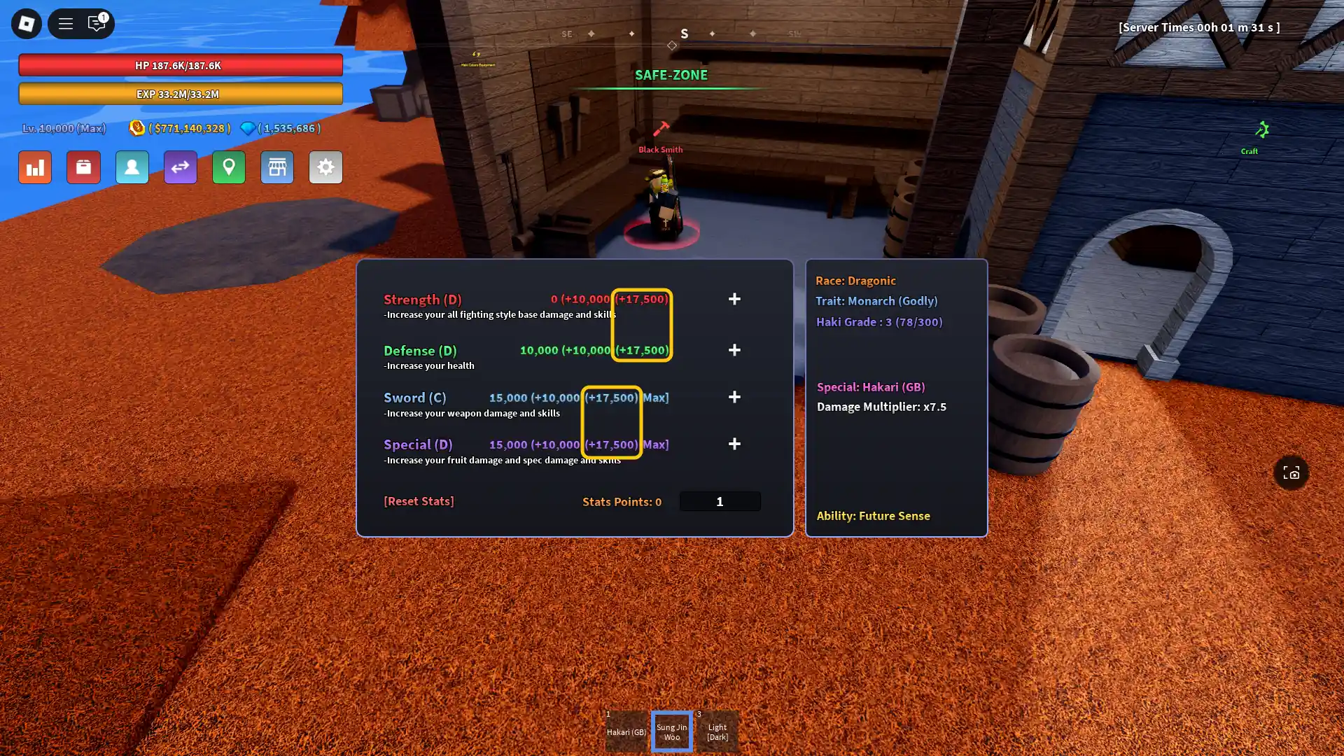 A preview of the Stats menu with the accessory bonuses in Verse Piece Roblox experience