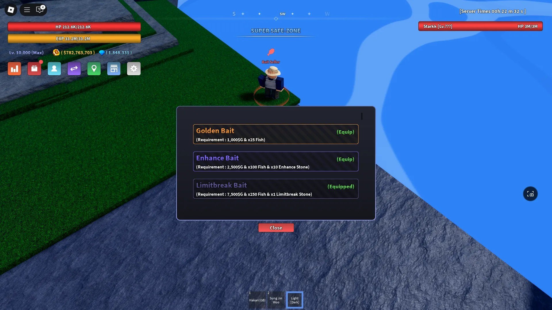 Bait Seller NPC menu in Verse Piece Roblox experience with the Golden Bait, Enhance Stone Bait, and Limitbreak Bait