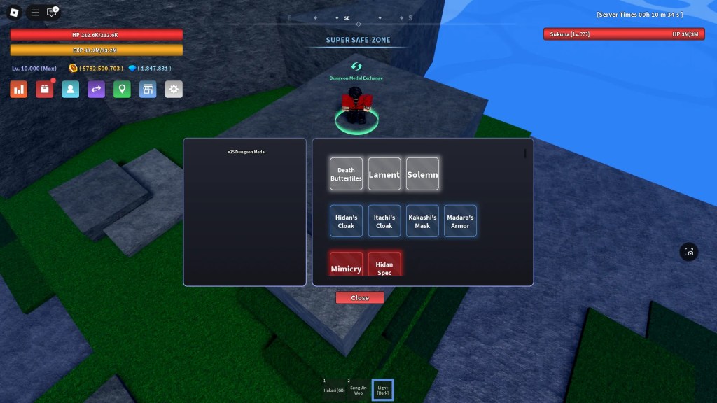 Preview of the Dungeon Medal Exchange NPC's stock of items in Verse Piece Roblox experience