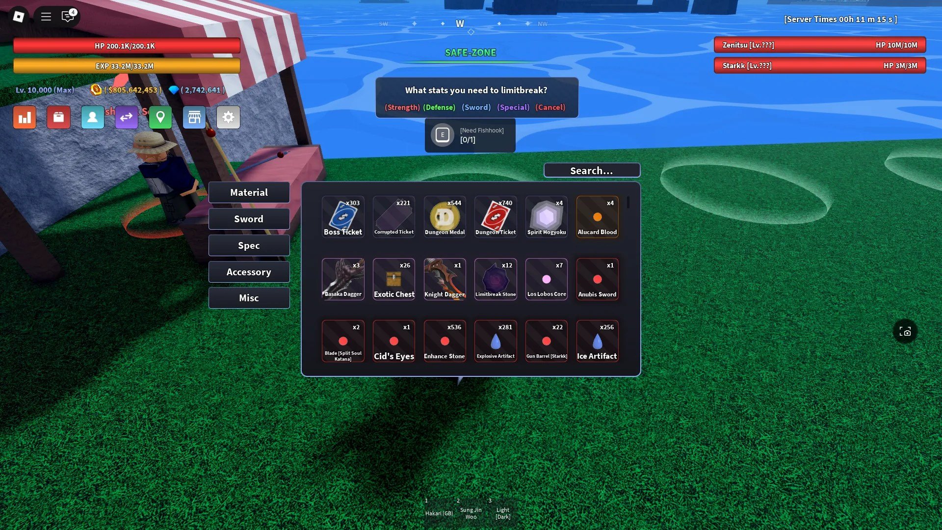 Preview of a player's inventory with some Limitbreak Stones in Verse Piece Roblox experience