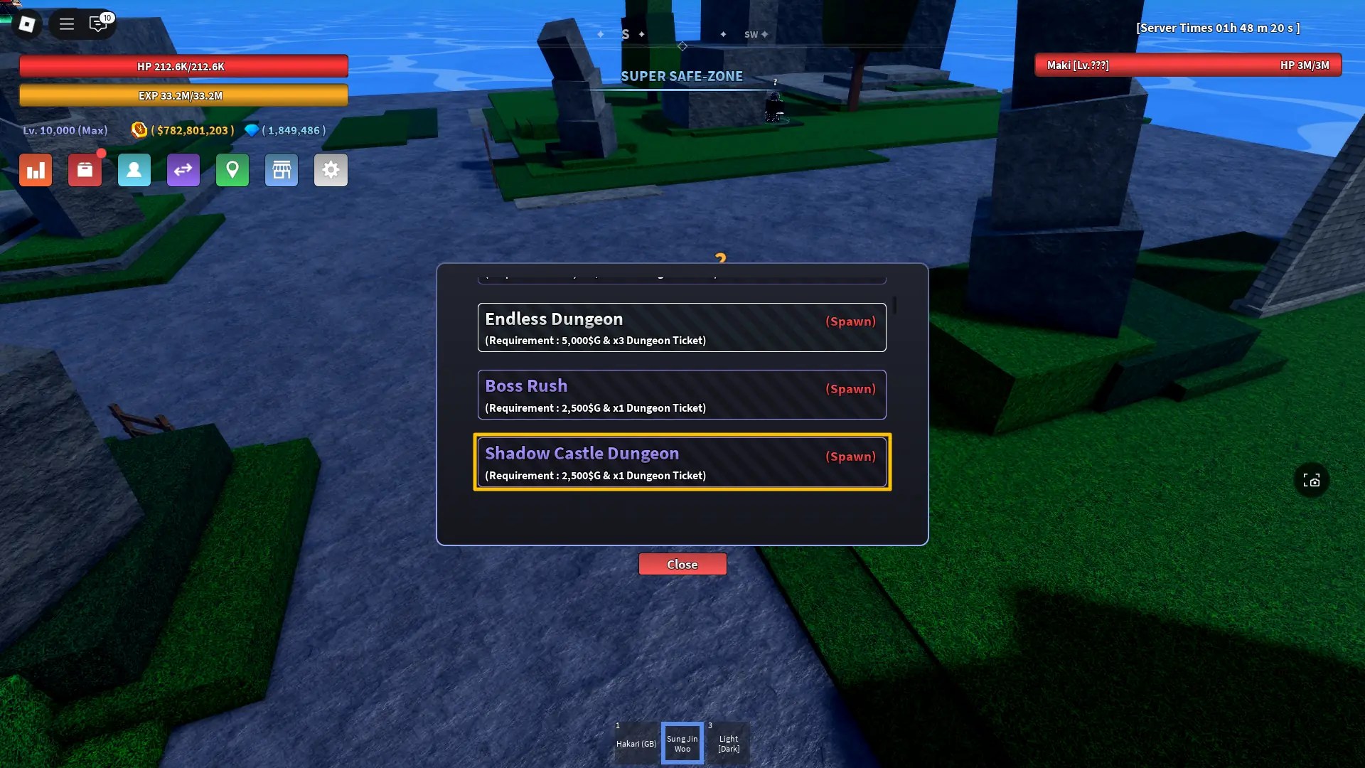 Preview of the Spawn Dungeon menu with the Shadow Castle Dungeon highlighted in Verse Piece Roblox experience