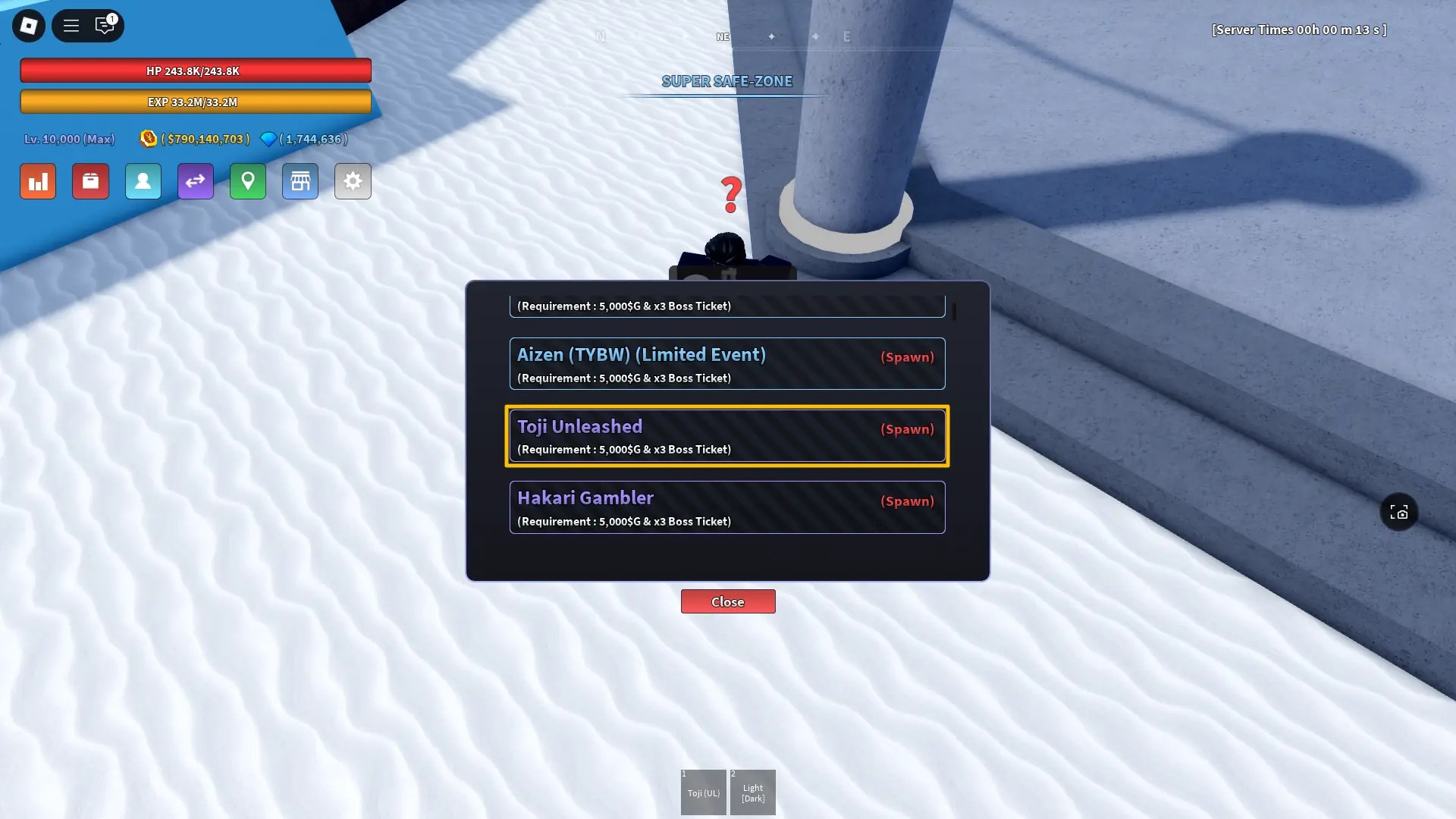 Preview of the Spawn Boss menu with the Toji Unleashed boss highlighted in the Verse Piece Roblox experience