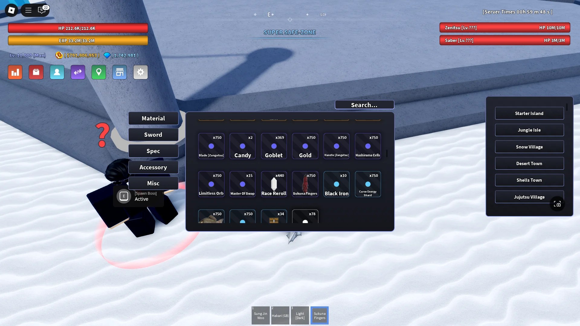 Preview of a player's inventory with Sukuna Fingers and Curse Energy Shards in it in the Verse Piece Roblox experience