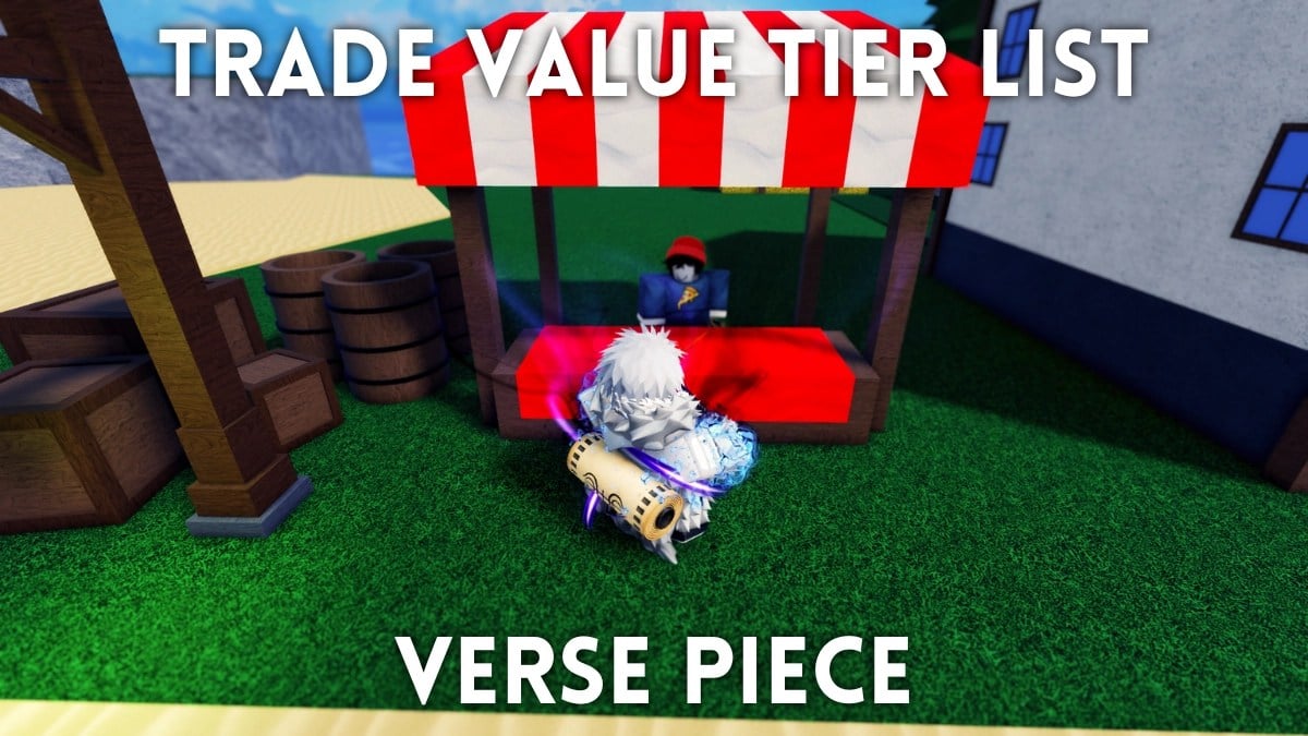 A player sitting behind a stand offering items to another player in Verse Piece Roblox experience