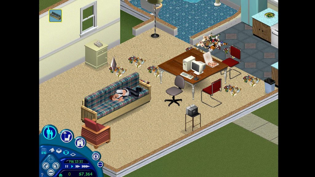 Dirty house with a Sim sleeping