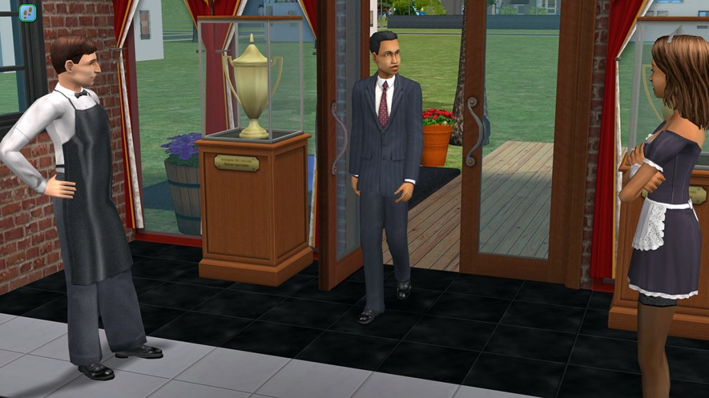 A sim walking into a restaurant