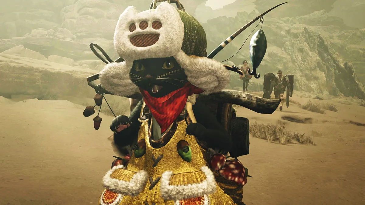 A surprised Palico in Monster Hunter Wilds