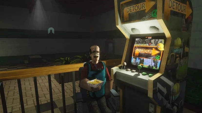 Man with nachos next to an arcade machine in Abiotic Factor.