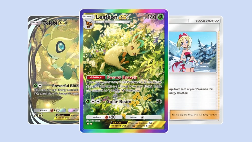 Leafeon ex, Celebi ex, and Irida in Pokémon TCG Pocket.