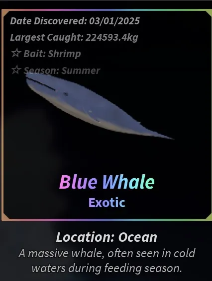 Blue Whale information window in Roblox Fisch