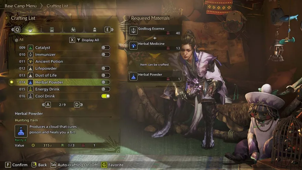 Crafting a Herbal Powder in Monster Hunter World