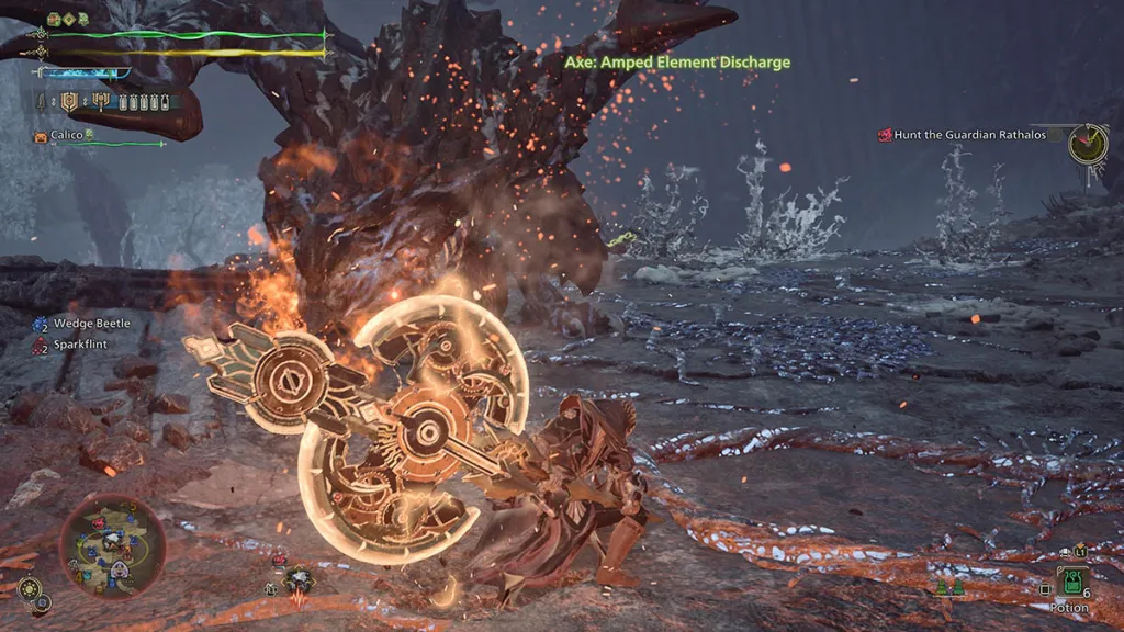 ThE hunter performs an Charge Axe Amped Element Discharge attack in Monster Hunter Wilds.