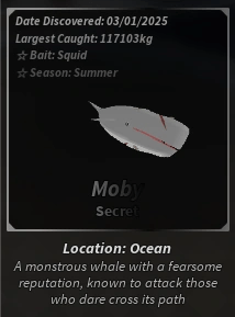 All information regarding the fish Moby from Roblox Fisch