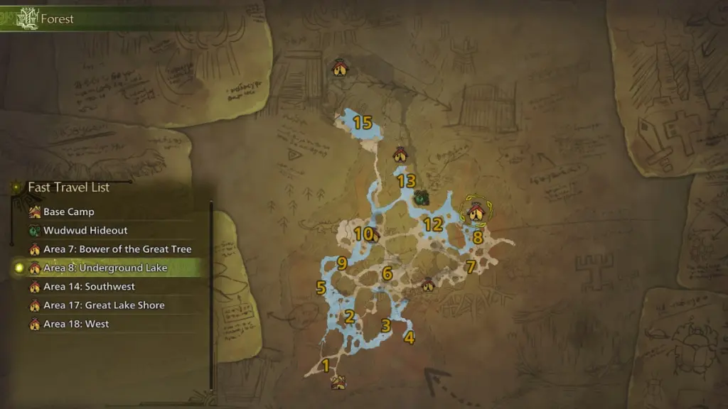 Map of the Scarlet Forest region in Monster Hunter Wilds