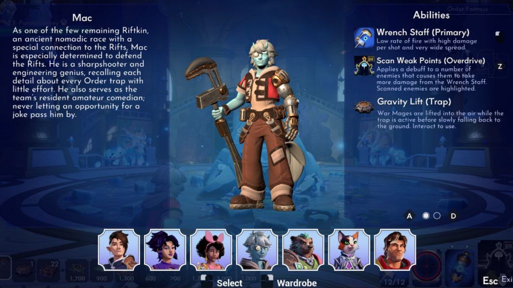 The character select screen, highlighting Mac and showing some of his abilities.