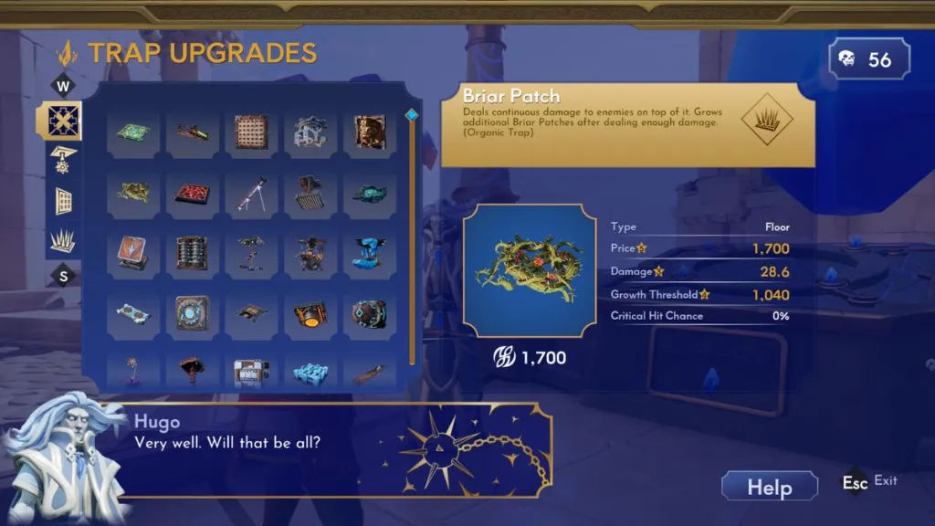 A look at the trap upgrade screen, highlighting the Briar Patch trap and its stats