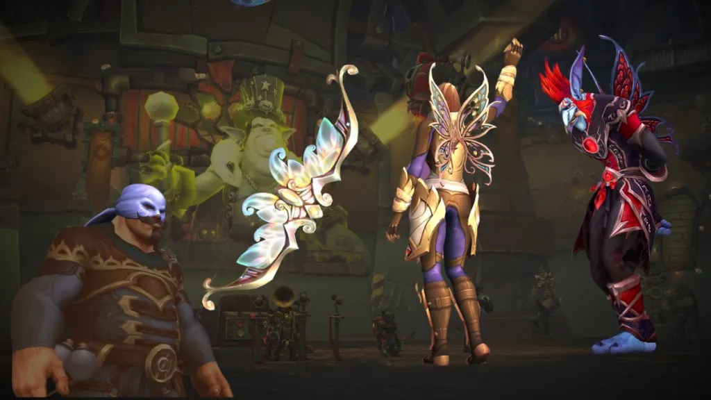 A Kul Tiran wears a blue mask, a butterfly bow, and two characters with different colored butterfly wing decorations