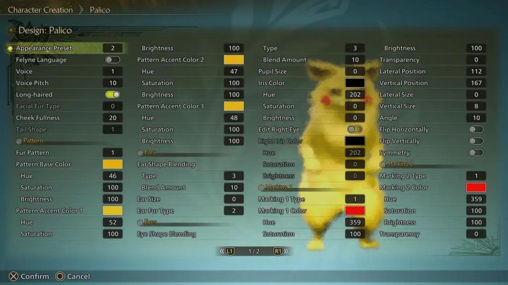 Settings for Pikachu Design in Monster Hunter Wilds