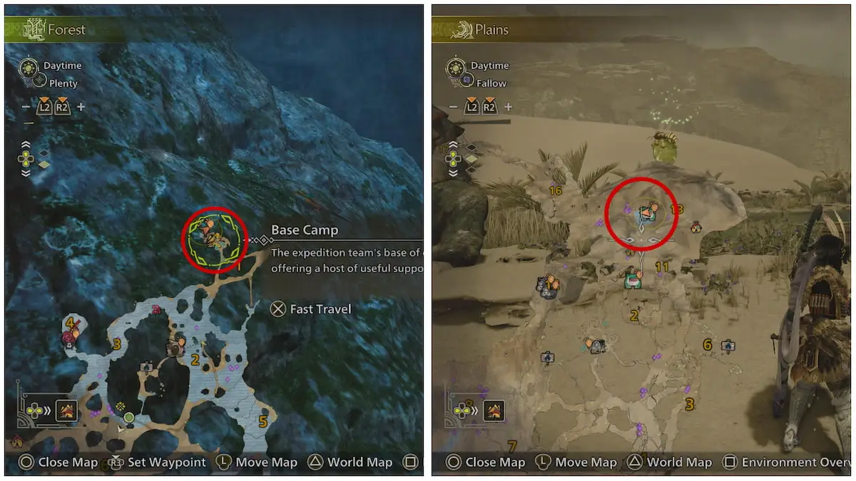 Scarlet Forest Base Camp and Plains Oasis locations