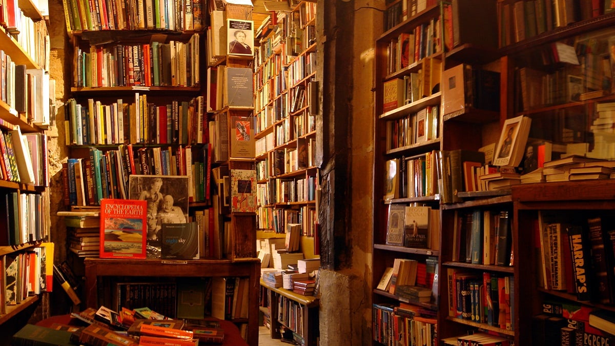 An old bookshop showcasing a series of books and novels on sturdy yet rickety shelves.