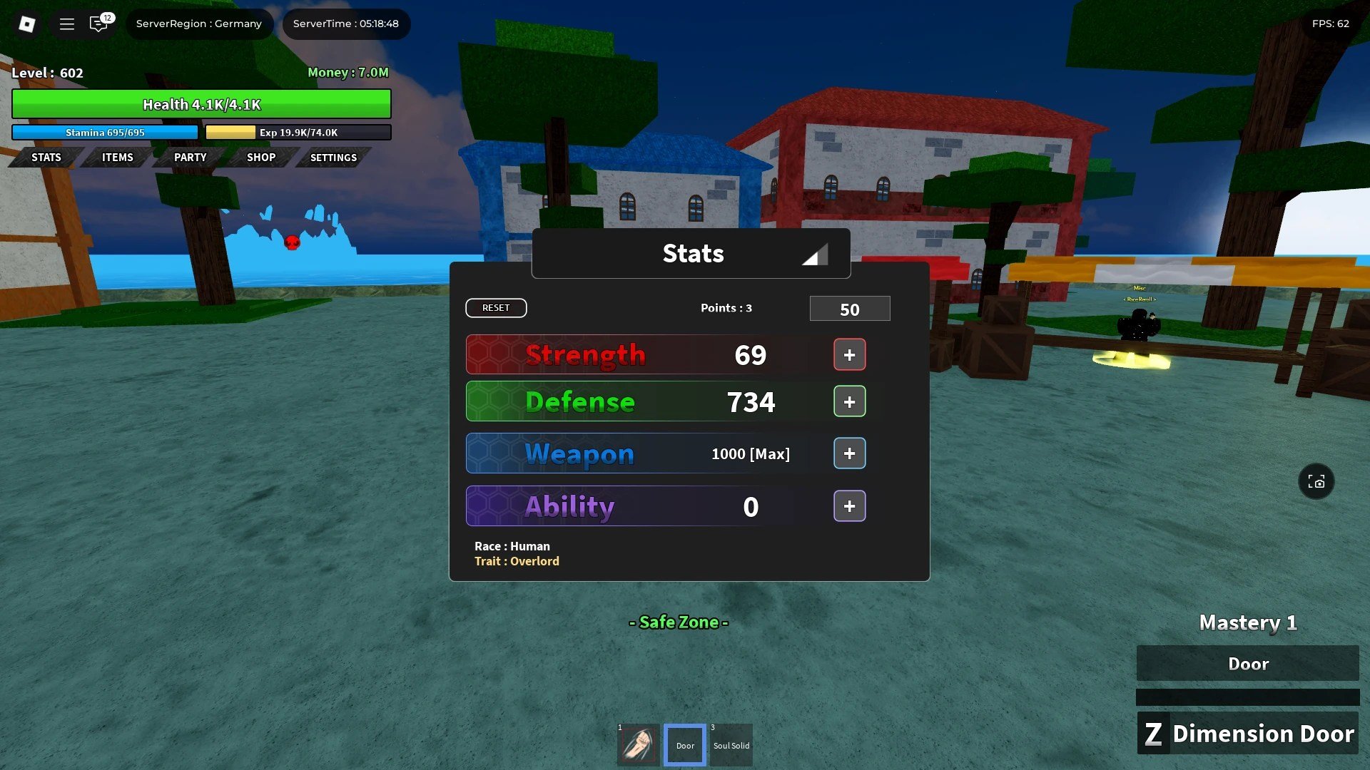 Preview of the Stats menu in Dawn Piece Roblox experience with a player's trait in the lower-right corner of it