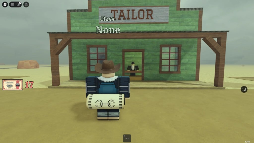 A player standing in front of the Tailor shop in the Dead Rails Roblox experience