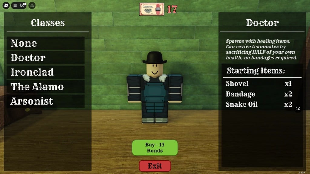 Preview of the Tailor classes menu in the Dead Rails Roblox experience