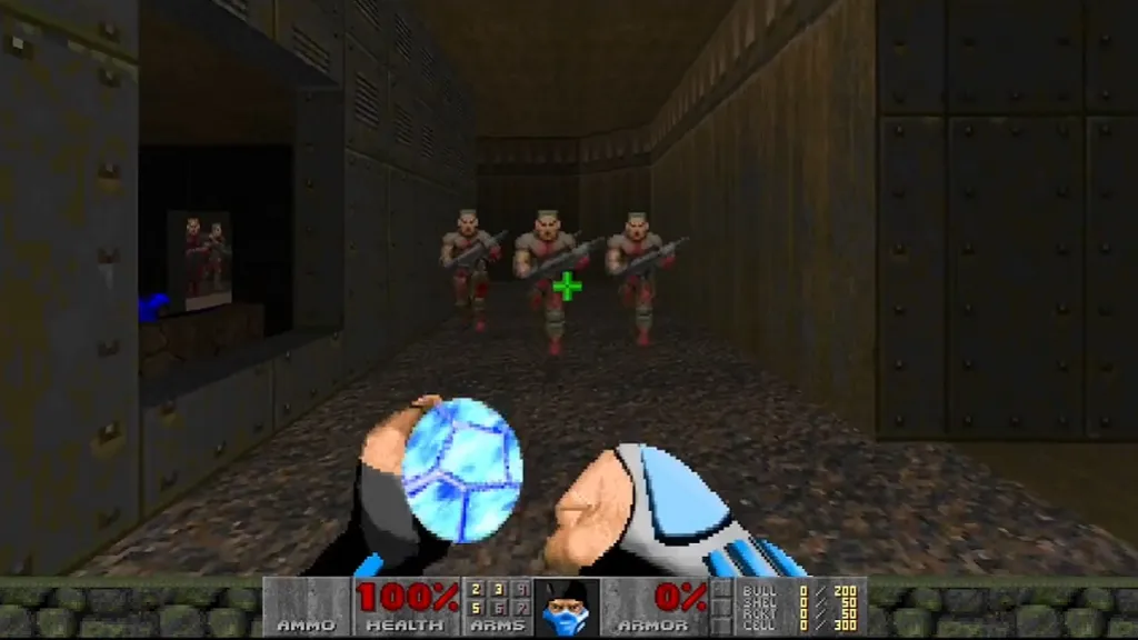 Doom 2: Sub-Zero's hands can be sseen about to throw an ice bomb at some approachign zombies.