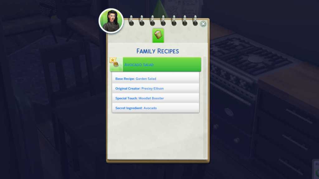 Family Recipes list in The Sims 4