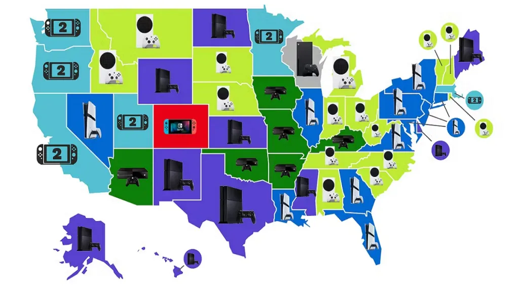 Gaming study 2024: a map of the US showing the different consoles that are searched across different states.