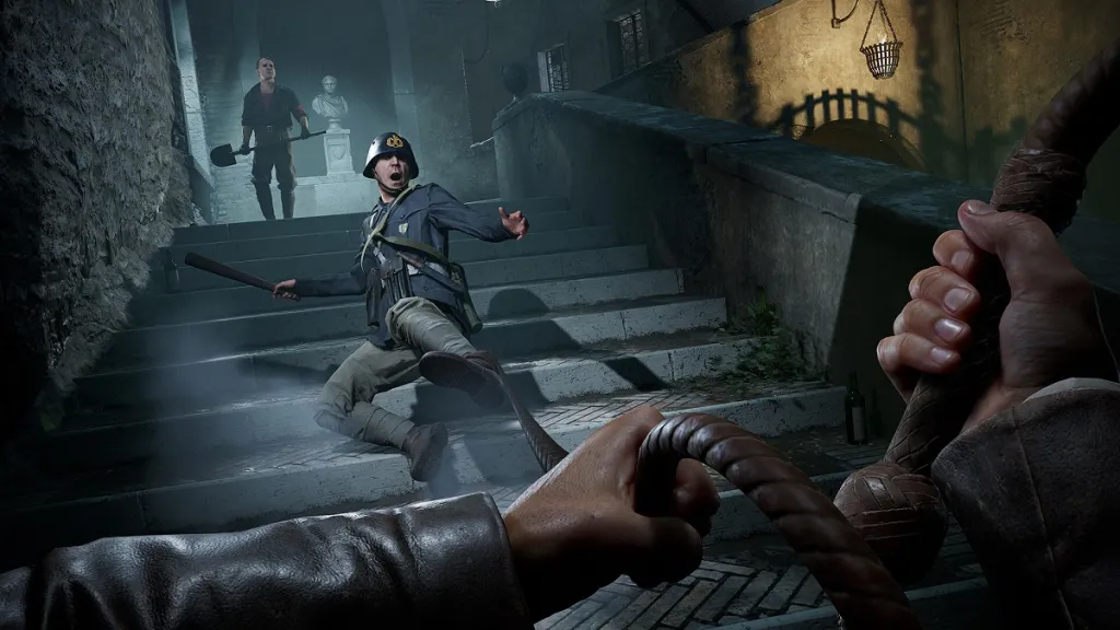 Indiana Jones and the Great Circle: an enemy soldier slides down a flight of concrete stairs.