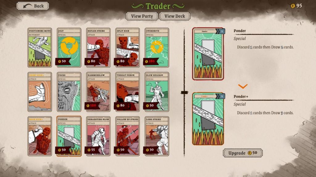 The card improvement screen from Knights in Tight Spaces.