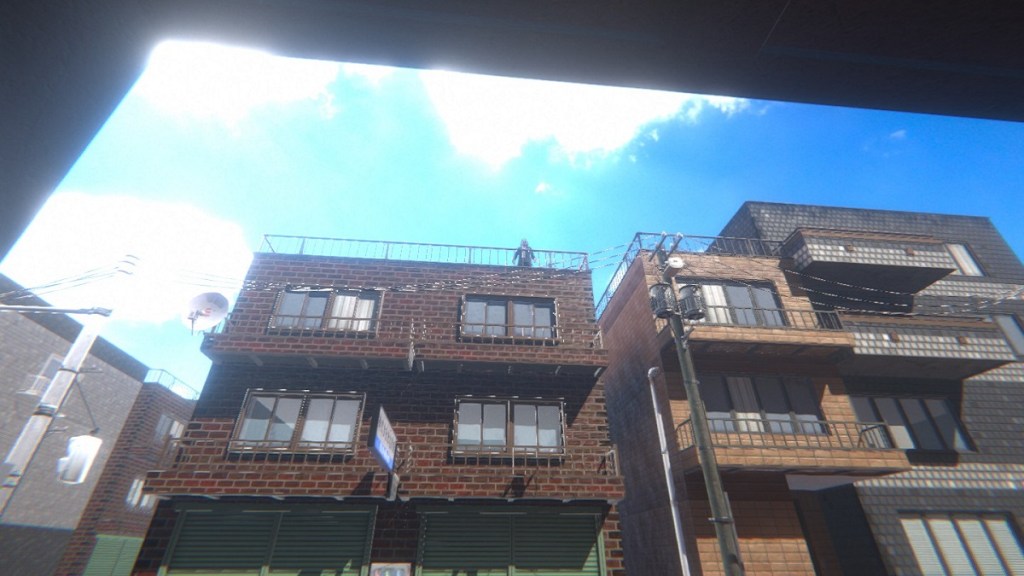 Make Good Choices:  A creepy looking man stands on top of a building in the distance.