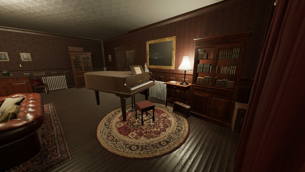 Phasmophobia: the living room at Bleasdale Farmhouse, showing the new grand piano.