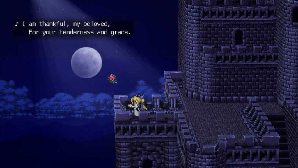 Final Fantasy screenshot showing Celes Chere on the castle balcony in Final Fantasy VI Pixel Remaster